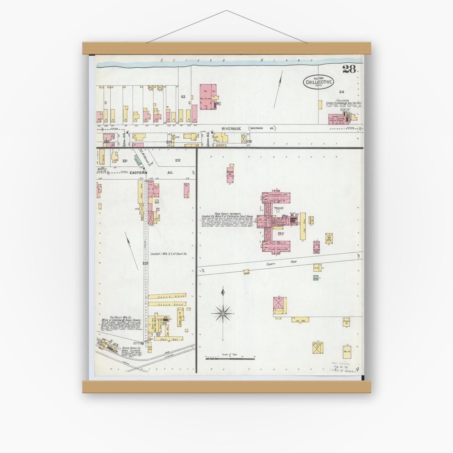Old map wall art mockup — magnetic wood frame on white wall — Sanborn Fire Insurance Map from Chillicothe, Ross County, Ohio (1900), Sheet #0028