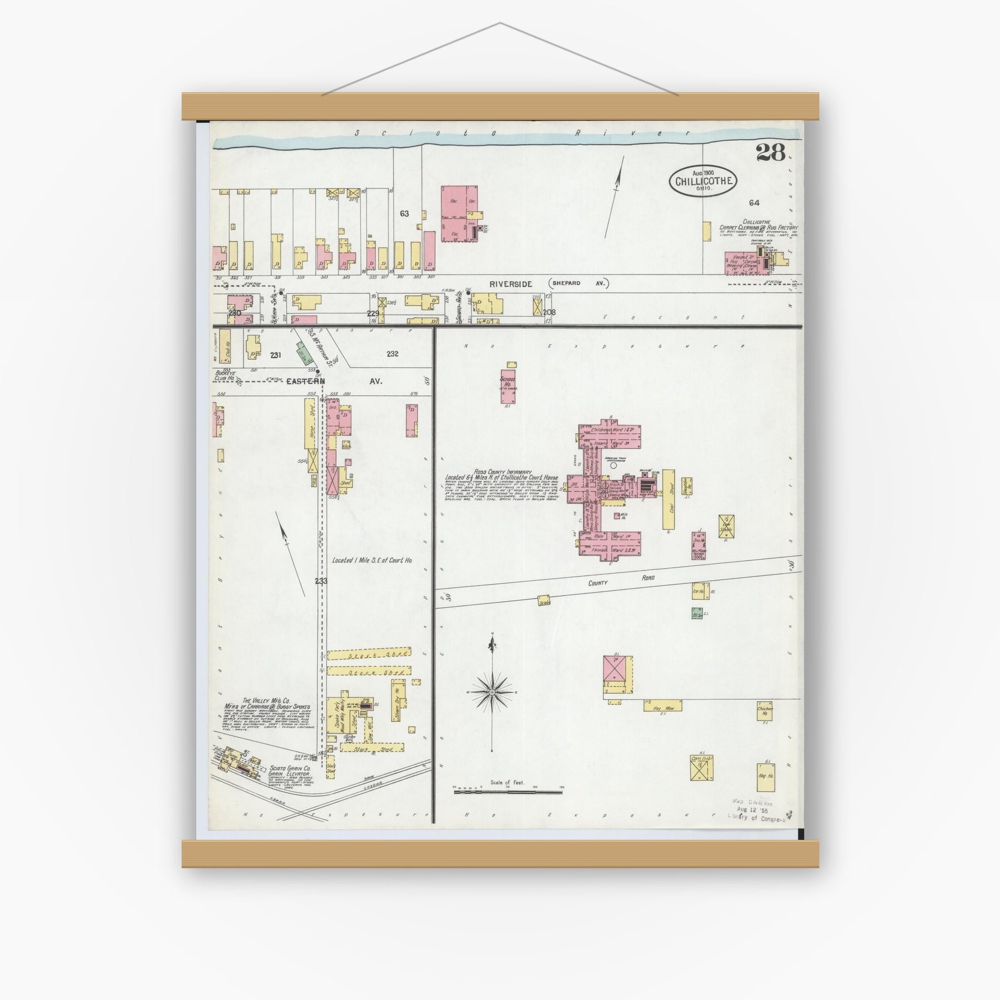Old map wall art mockup — magnetic wood frame on white wall — Sanborn Fire Insurance Map from Chillicothe, Ross County, Ohio (1900), Sheet #0028