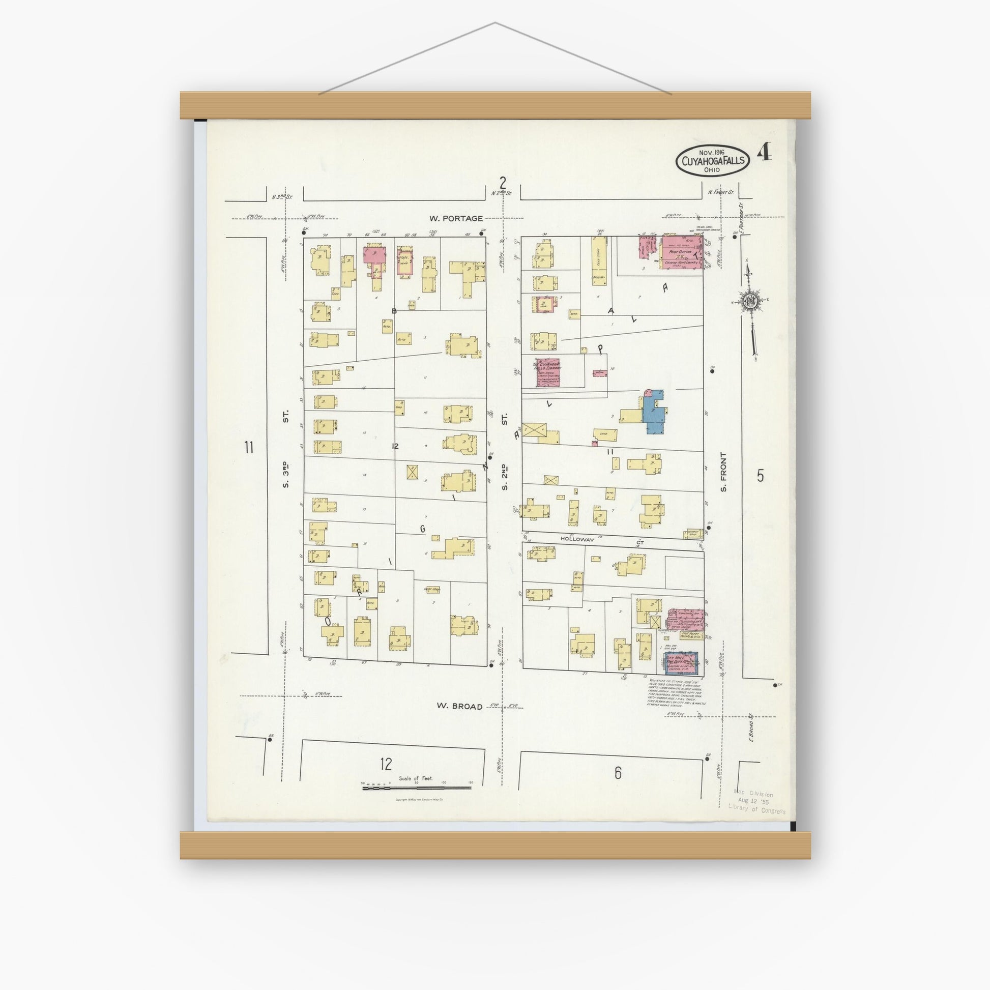 Old map wall art mockup — magnetic wood frame on white wall — Sanborn Fire Insurance Map from Cuyahoga Falls, Summit County, Ohio (1916), Sheet #0004