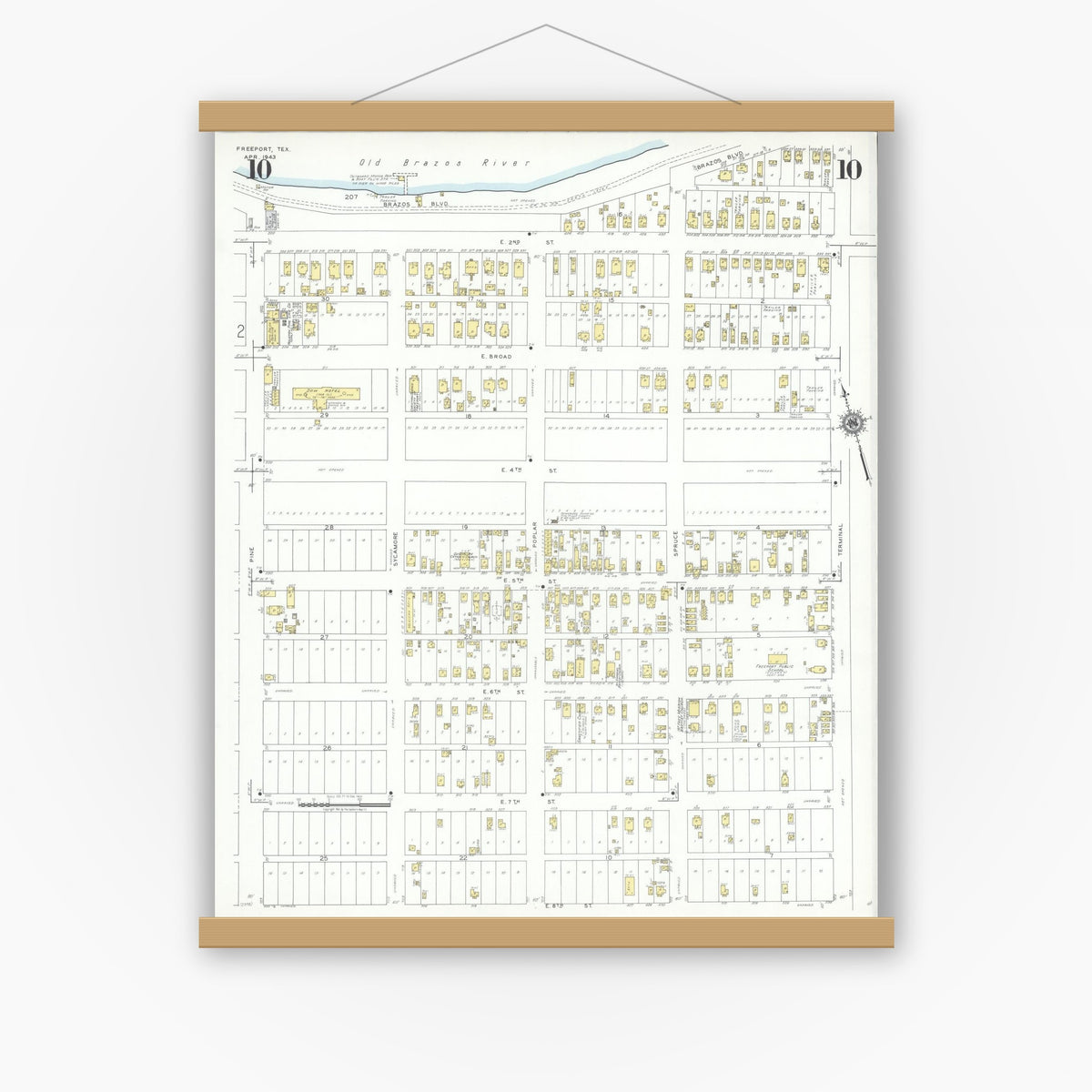 Old map wall art mockup — magnetic wood frame on white wall — Sanborn Fire Insurance Map from Freeport, Brazoria County, Texas (1943), Sheet #0010