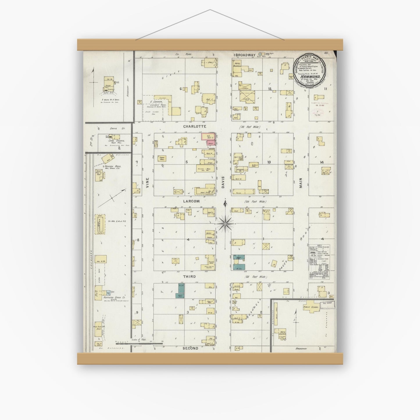 Old map wall art mockup — magnetic wood frame on white wall — Sanborn Fire Insurance Map from Hammond, St. Croix County, Wisconsin (1895), Sheet #0001