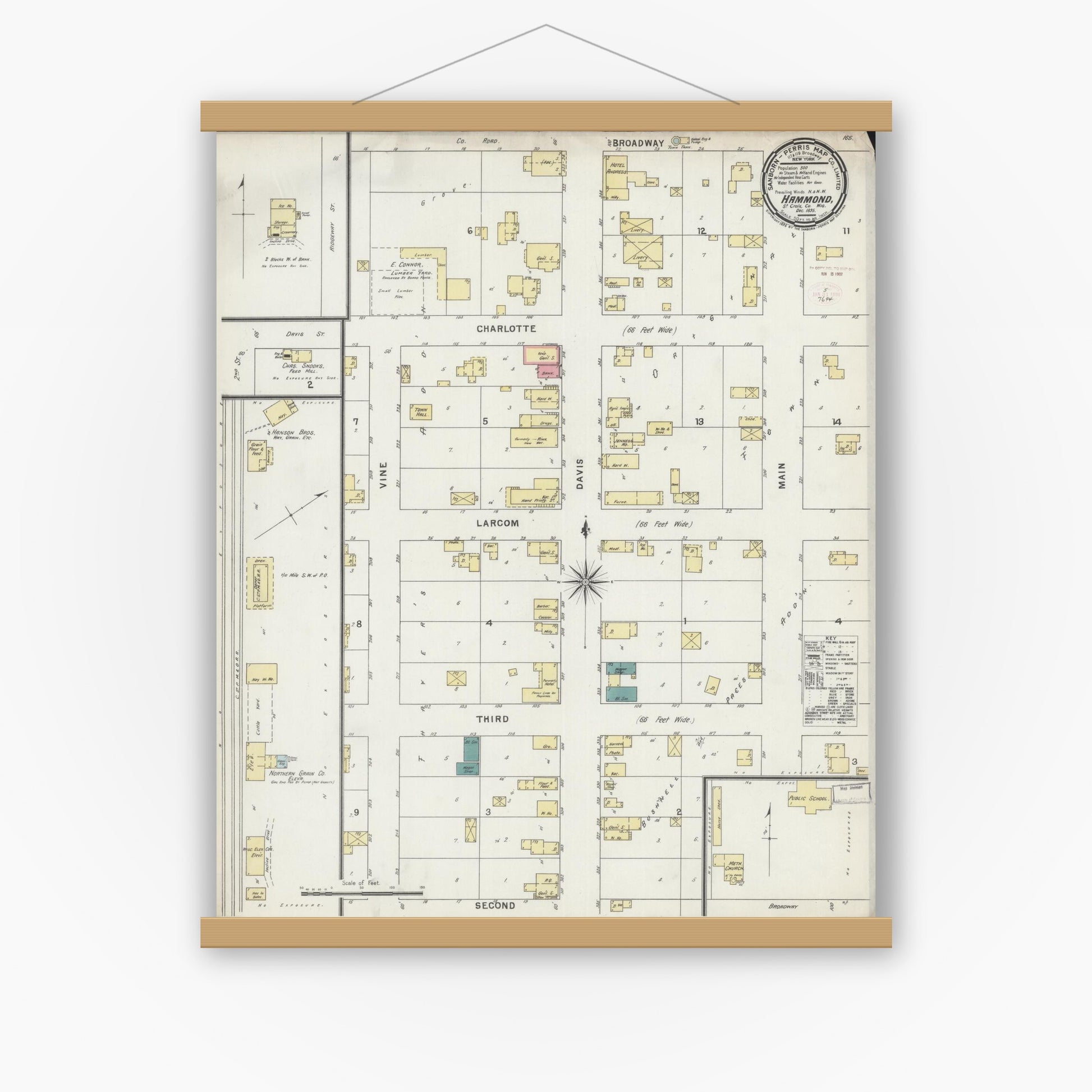 Old map wall art mockup — magnetic wood frame on white wall — Sanborn Fire Insurance Map from Hammond, St. Croix County, Wisconsin (1895), Sheet #0001