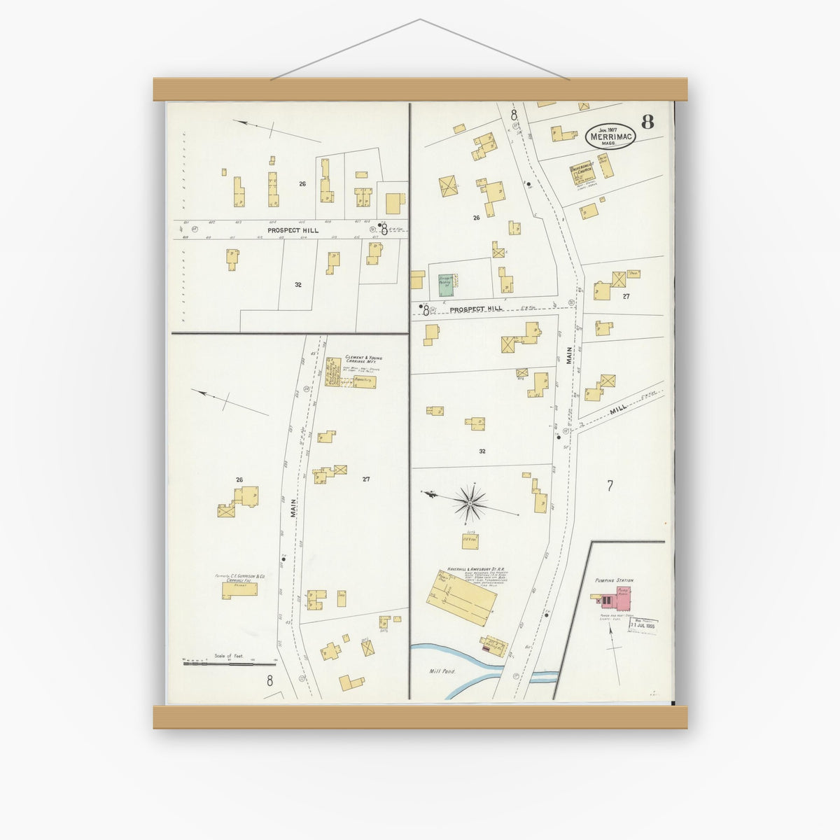 Old map wall art mockup — magnetic wood frame on white wall — Sanborn Fire Insurance Map from Merrimac, Essex County, Massachusetts (1907), Sheet #0008