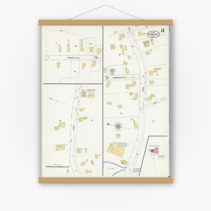 Old map wall art mockup — magnetic wood frame on white wall — Sanborn Fire Insurance Map from Merrimac, Essex County, Massachusetts (1907), Sheet #0008