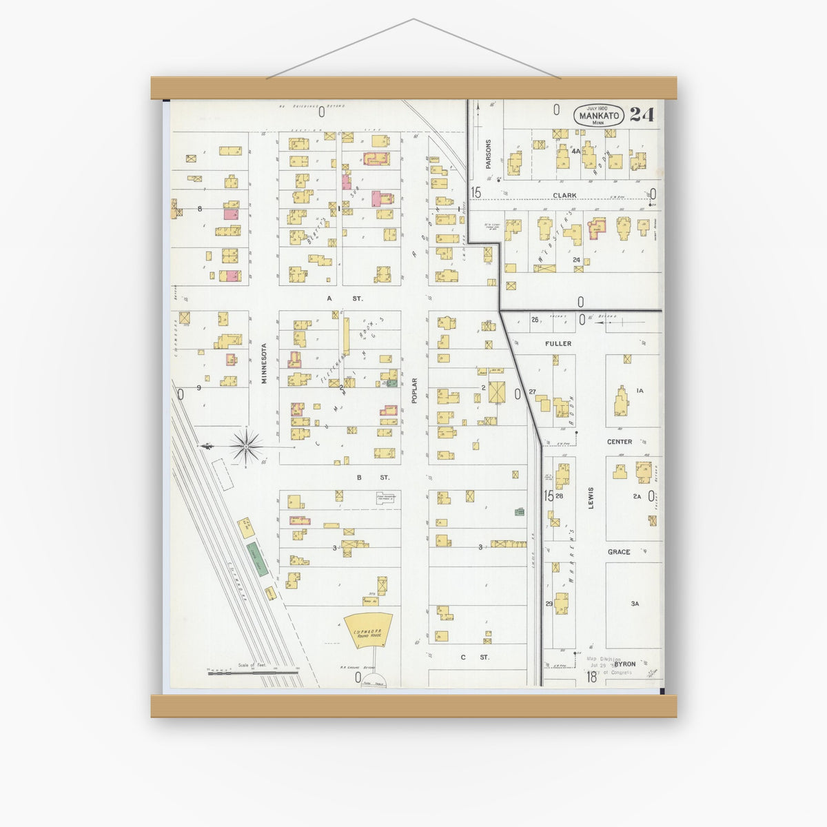 Old map wall art mockup — magnetic wood frame on white wall — Sanborn Fire Insurance Map from Mankato, Blue Earth County, Minnesota (1900), Sheet #0024