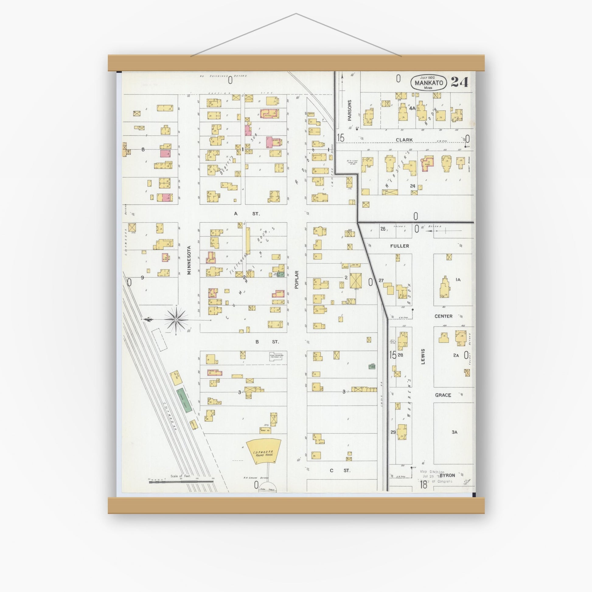 Old map wall art mockup — magnetic wood frame on white wall — Sanborn Fire Insurance Map from Mankato, Blue Earth County, Minnesota (1900), Sheet #0024