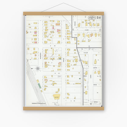 Old map wall art mockup — magnetic wood frame on white wall — Sanborn Fire Insurance Map from Mankato, Blue Earth County, Minnesota (1900), Sheet #0024