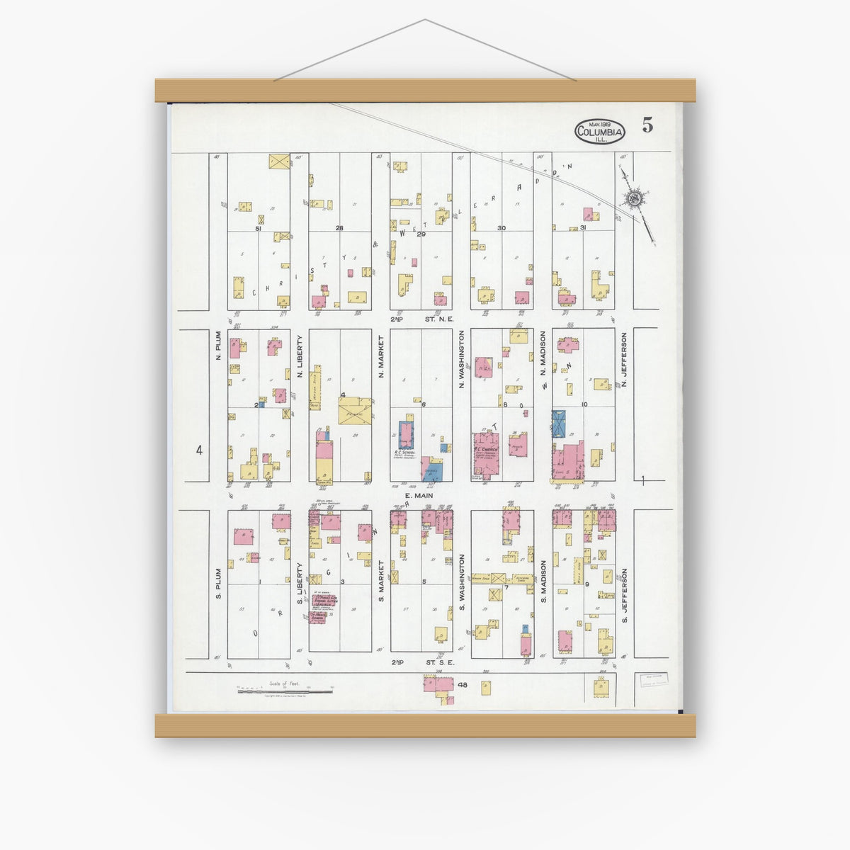 Old map wall art mockup — magnetic wood frame on white wall — Sanborn Fire Insurance Map from Columbia, Monroe County, Illinois (1919), Sheet #0005