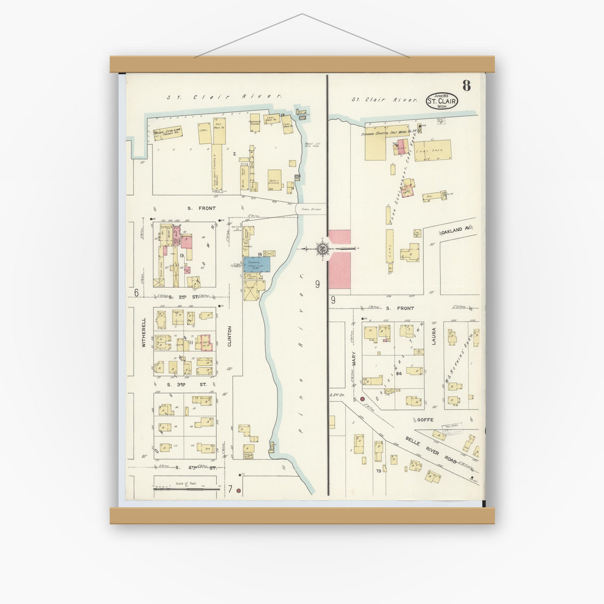 Old map wall art mockup — magnetic wood frame on white wall — Sanborn Fire Insurance Map from Saint Clair, Saint Clair County, Michigan (1913), Sheet #0008