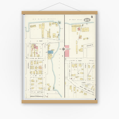 Old map wall art mockup — magnetic wood frame on white wall — Sanborn Fire Insurance Map from Saint Clair, Saint Clair County, Michigan (1913), Sheet #0008