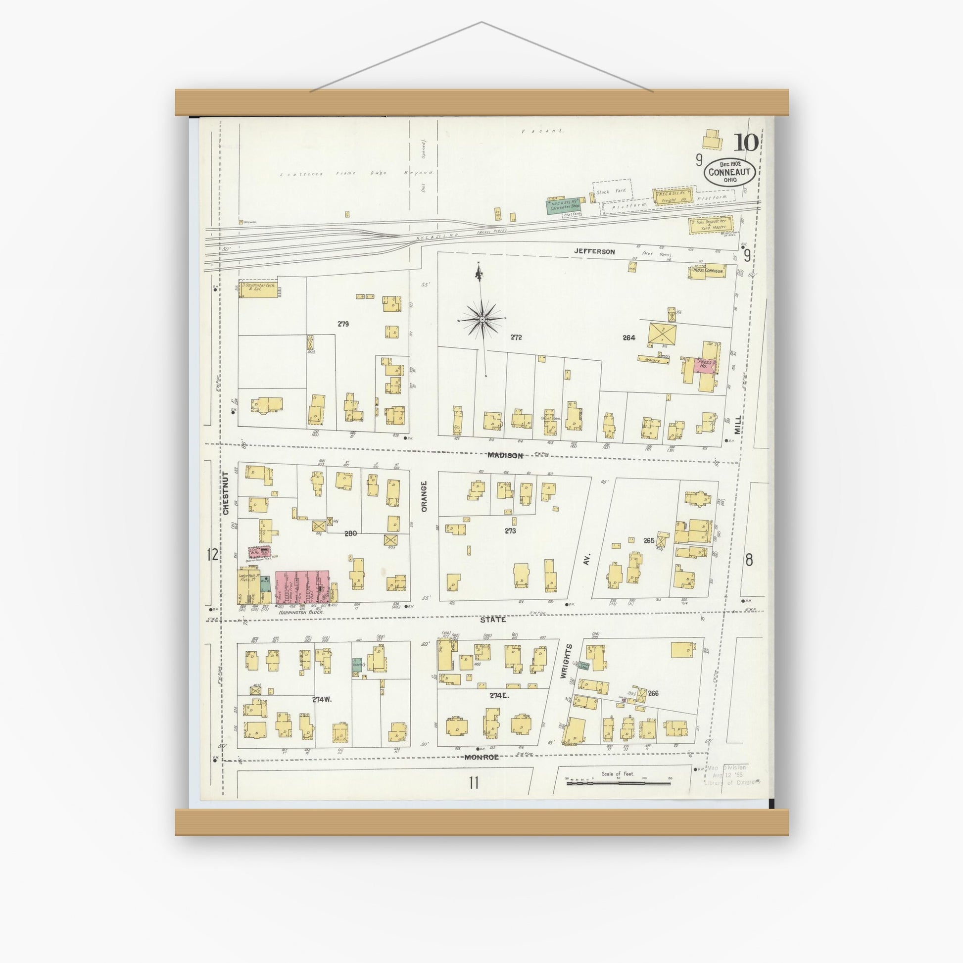 Old map wall art mockup — magnetic wood frame on white wall — Sanborn Fire Insurance Map from Conneaut, Ashtabula County, Ohio (1902), Sheet #0010