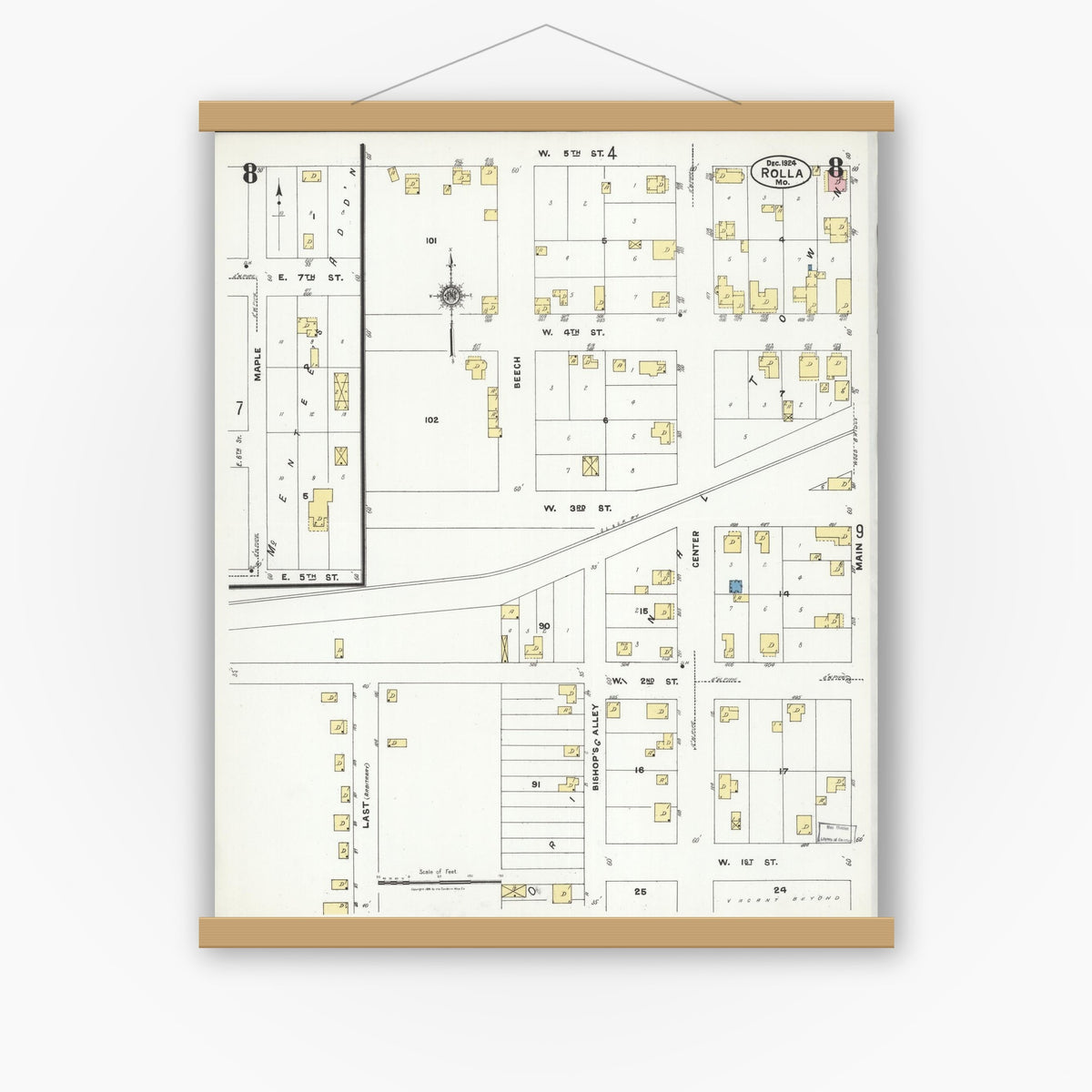 Old map wall art mockup — magnetic wood frame on white wall — Sanborn Fire Insurance Map from Rolla, Phelps County, Missouri (1924), Sheet #0008