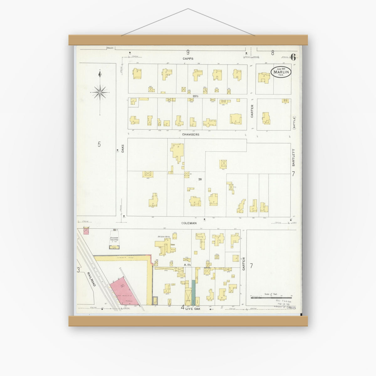 Old map wall art mockup — magnetic wood frame on white wall — Sanborn Fire Insurance Map from Marlin, Falls County, Texas (1909), Sheet #0006