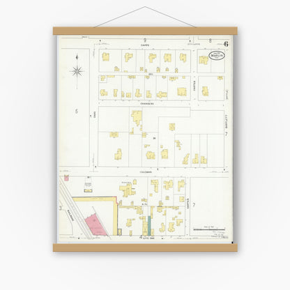 Old map wall art mockup — magnetic wood frame on white wall — Sanborn Fire Insurance Map from Marlin, Falls County, Texas (1909), Sheet #0006