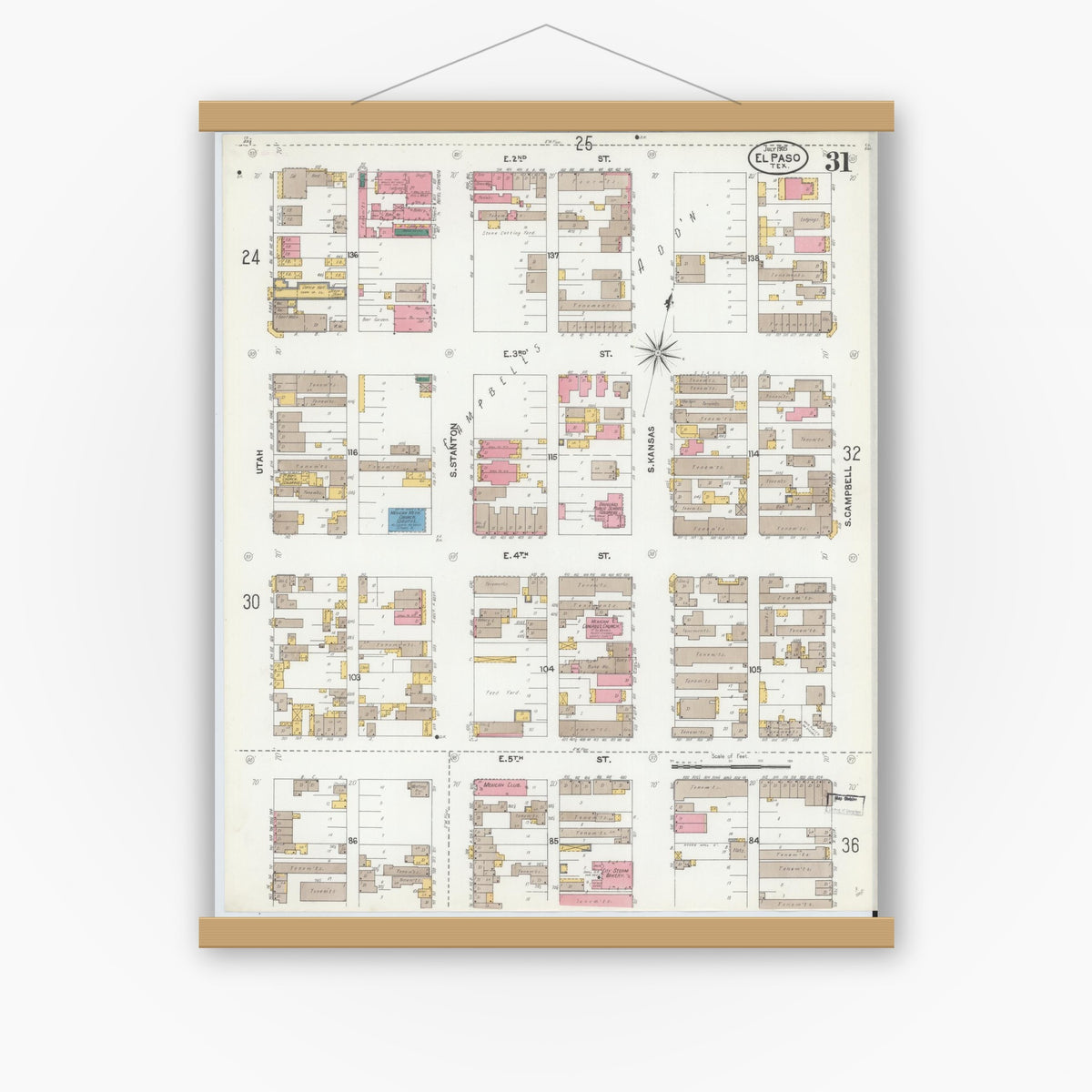 Old map wall art mockup — magnetic wood frame on white wall — Sanborn Fire Insurance Map from El Paso, El Paso County, Texas (1905), Sheet #0031