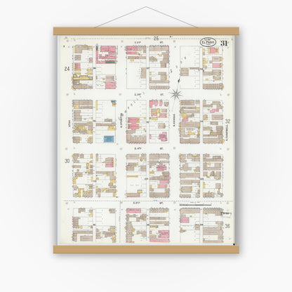 Old map wall art mockup — magnetic wood frame on white wall — Sanborn Fire Insurance Map from El Paso, El Paso County, Texas (1905), Sheet #0031