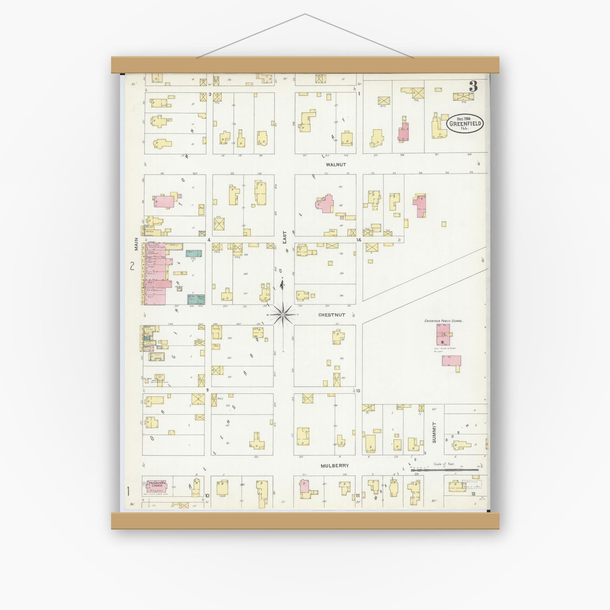 Old map wall art mockup — magnetic wood frame on white wall — Sanborn Fire Insurance Map from Greenfield, Greene County, Illinois (1906), Sheet #0003