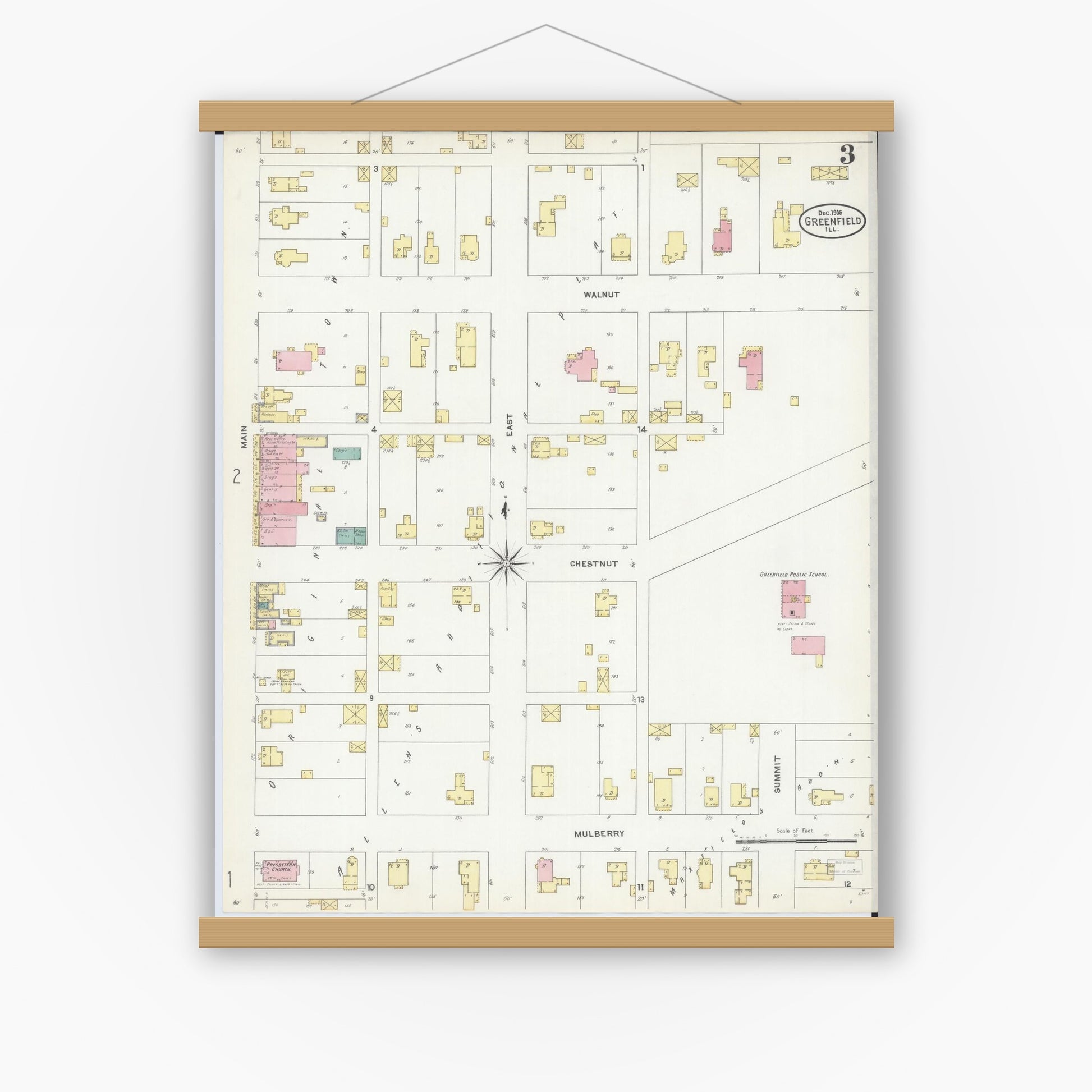 Old map wall art mockup — magnetic wood frame on white wall — Sanborn Fire Insurance Map from Greenfield, Greene County, Illinois (1906), Sheet #0003