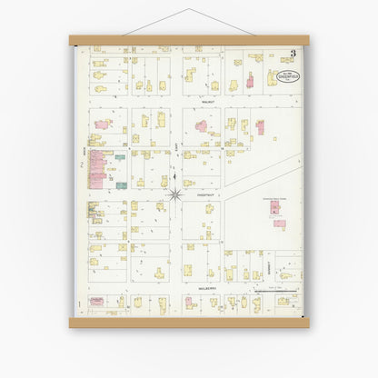 Old map wall art mockup — magnetic wood frame on white wall — Sanborn Fire Insurance Map from Greenfield, Greene County, Illinois (1906), Sheet #0003