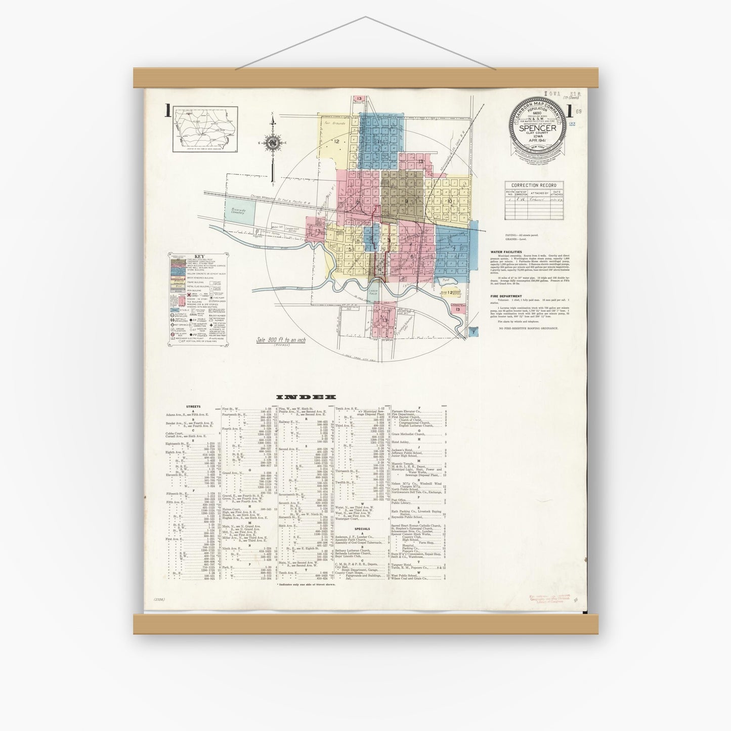 Old map wall art mockup — magnetic wood frame on white wall — Sanborn Fire Insurance Map from Spencer, Clay County, Iowa (1946) â€” Complete Set