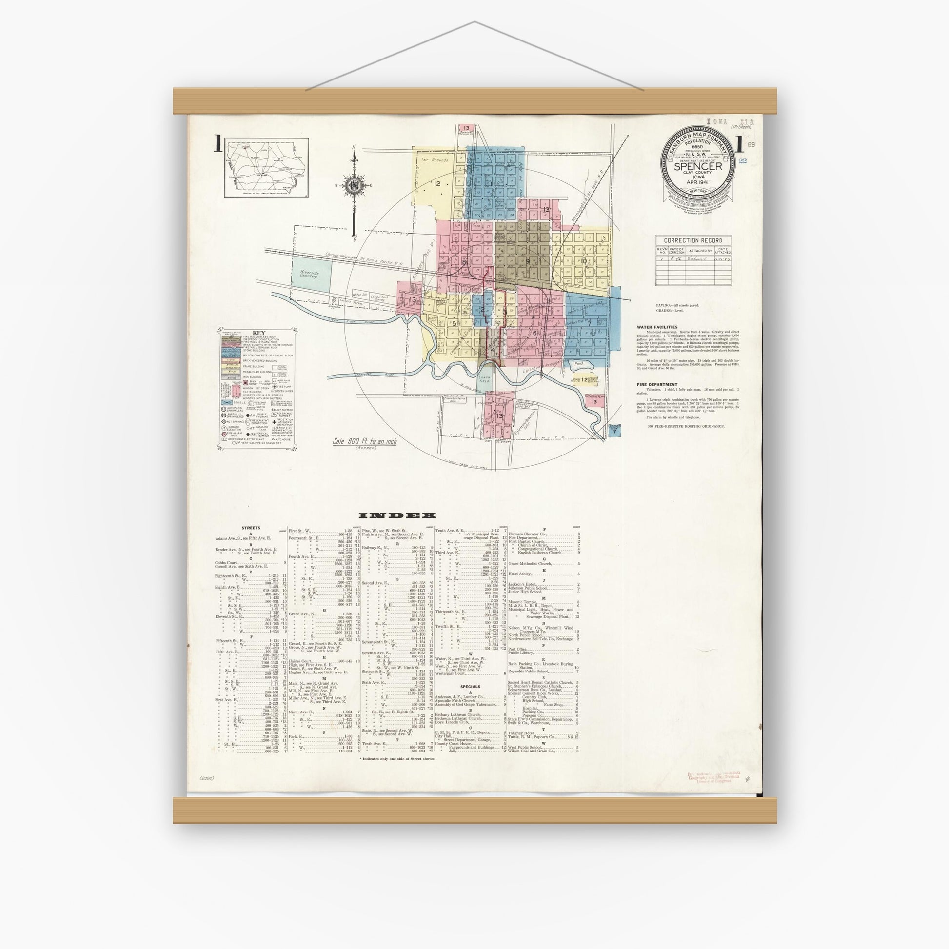 Old map wall art mockup — magnetic wood frame on white wall — Sanborn Fire Insurance Map from Spencer, Clay County, Iowa (1946) â€” Complete Set