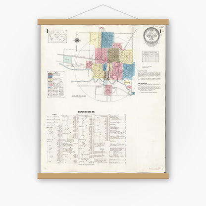 Old map wall art mockup — magnetic wood frame on white wall — Sanborn Fire Insurance Map from Spencer, Clay County, Iowa (1946) â€” Complete Set