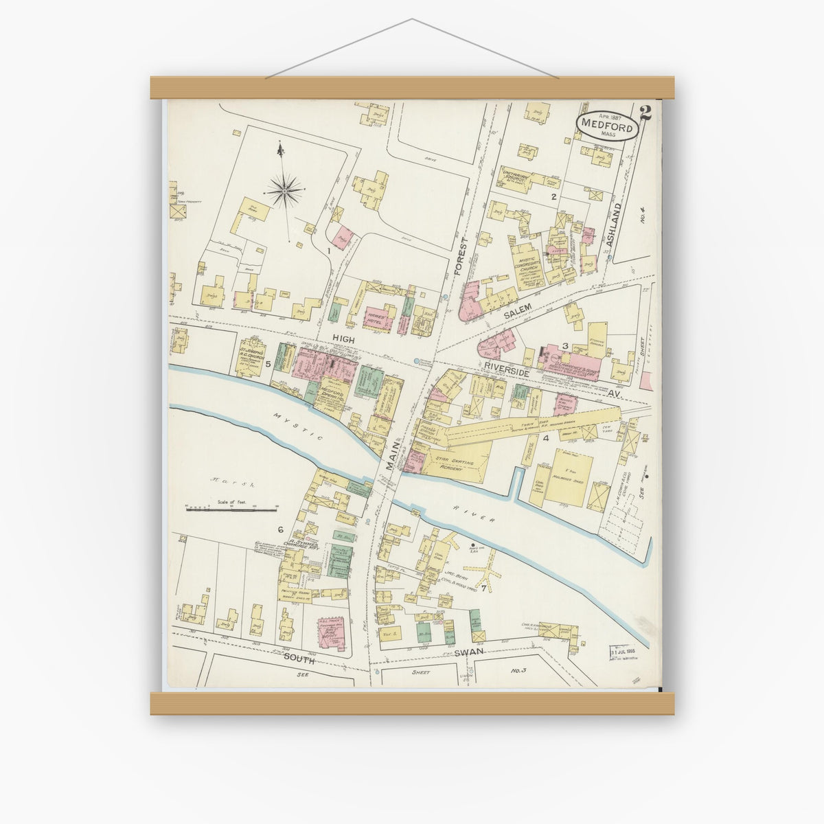 Old map wall art mockup — magnetic wood frame on white wall — Sanborn Fire Insurance Map from Medford, Middlesex County, Massachusetts (1887), Sheet #0002