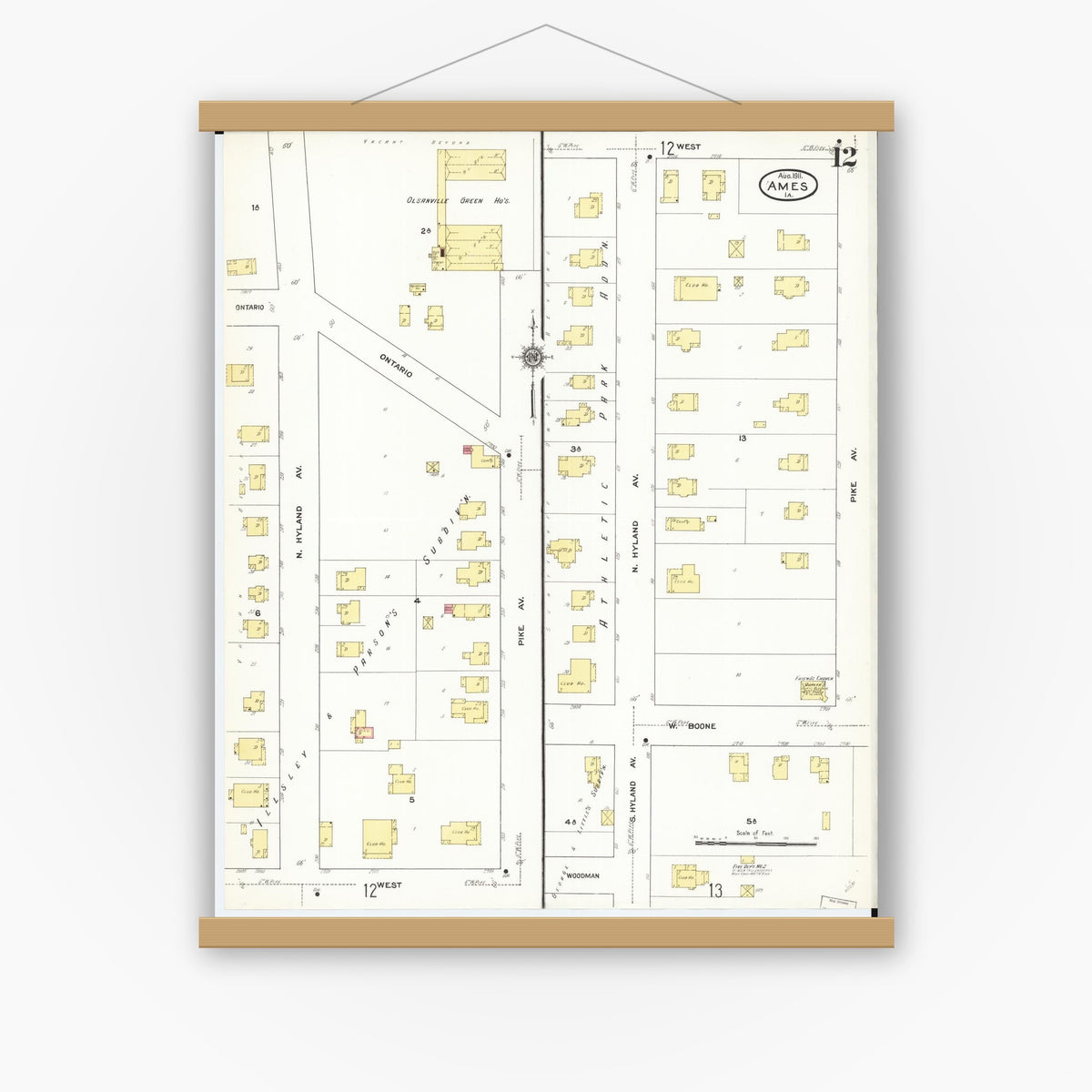 Old map wall art mockup — magnetic wood frame on white wall — Sanborn Fire Insurance Map from Ames, Story County, Iowa (1911), Sheet #0012