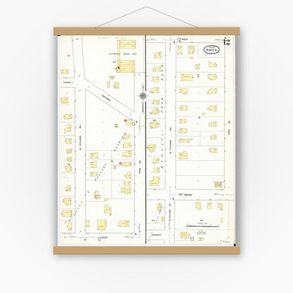 Old map wall art mockup — magnetic wood frame on white wall — Sanborn Fire Insurance Map from Ames, Story County, Iowa (1911), Sheet #0012