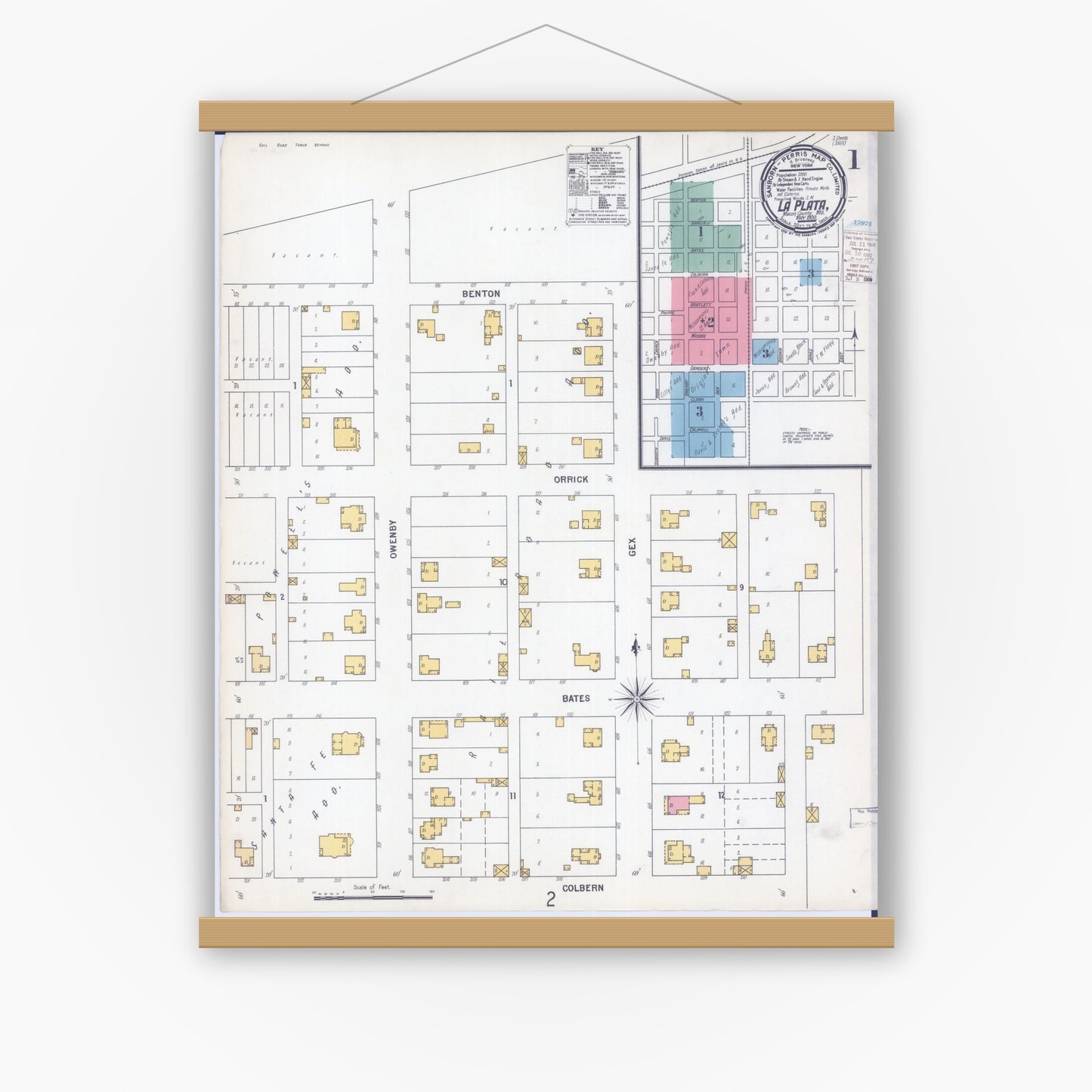 Old map wall art mockup — magnetic wood frame on white wall — Sanborn Fire Insurance Map from La Plata, Macon County, Missouri (1900) - Complete Map Set