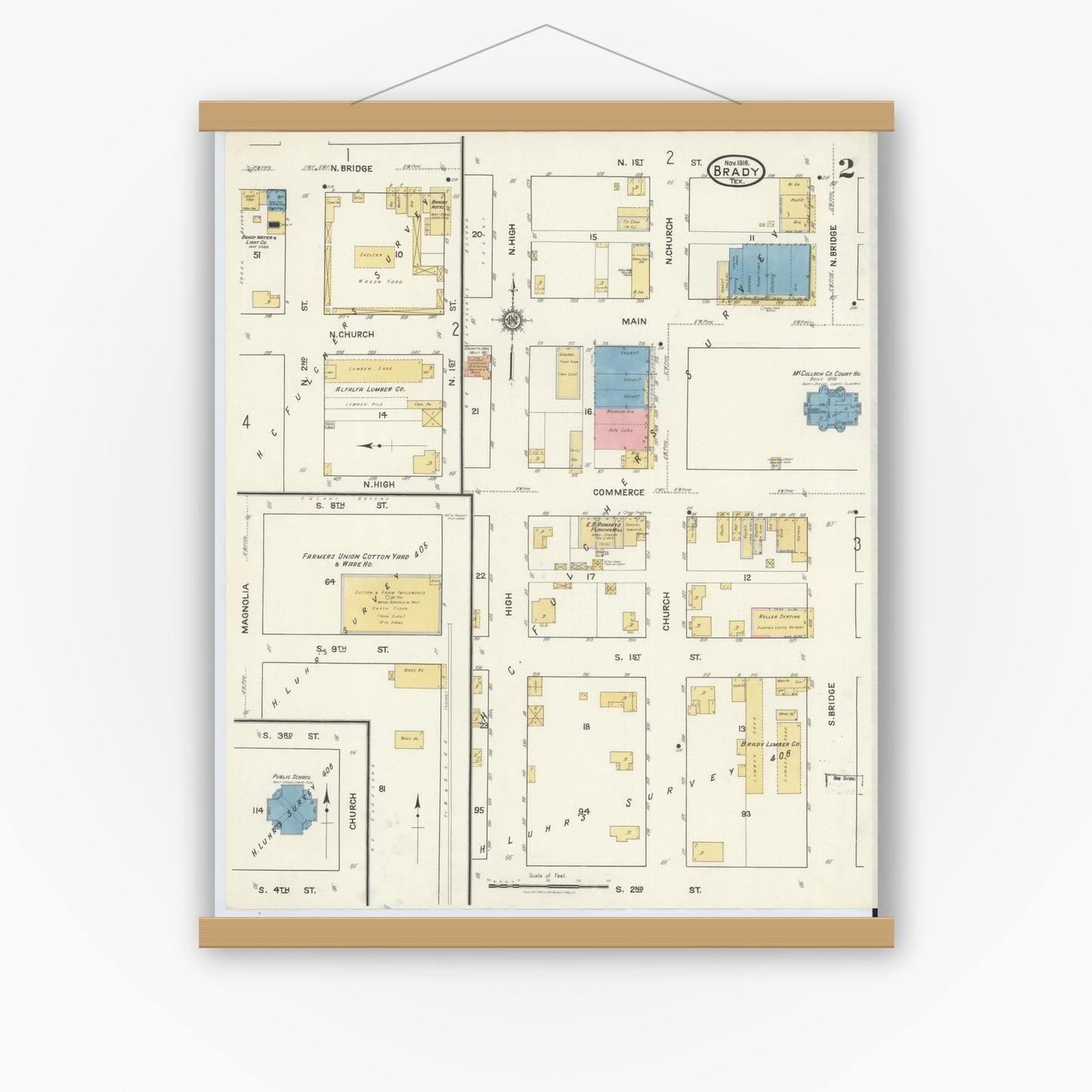 Old map wall art mockup — magnetic wood frame on white wall — Sanborn Fire Insurance Map from Brady, McCulloch County, Texas (1916), Sheet #0002