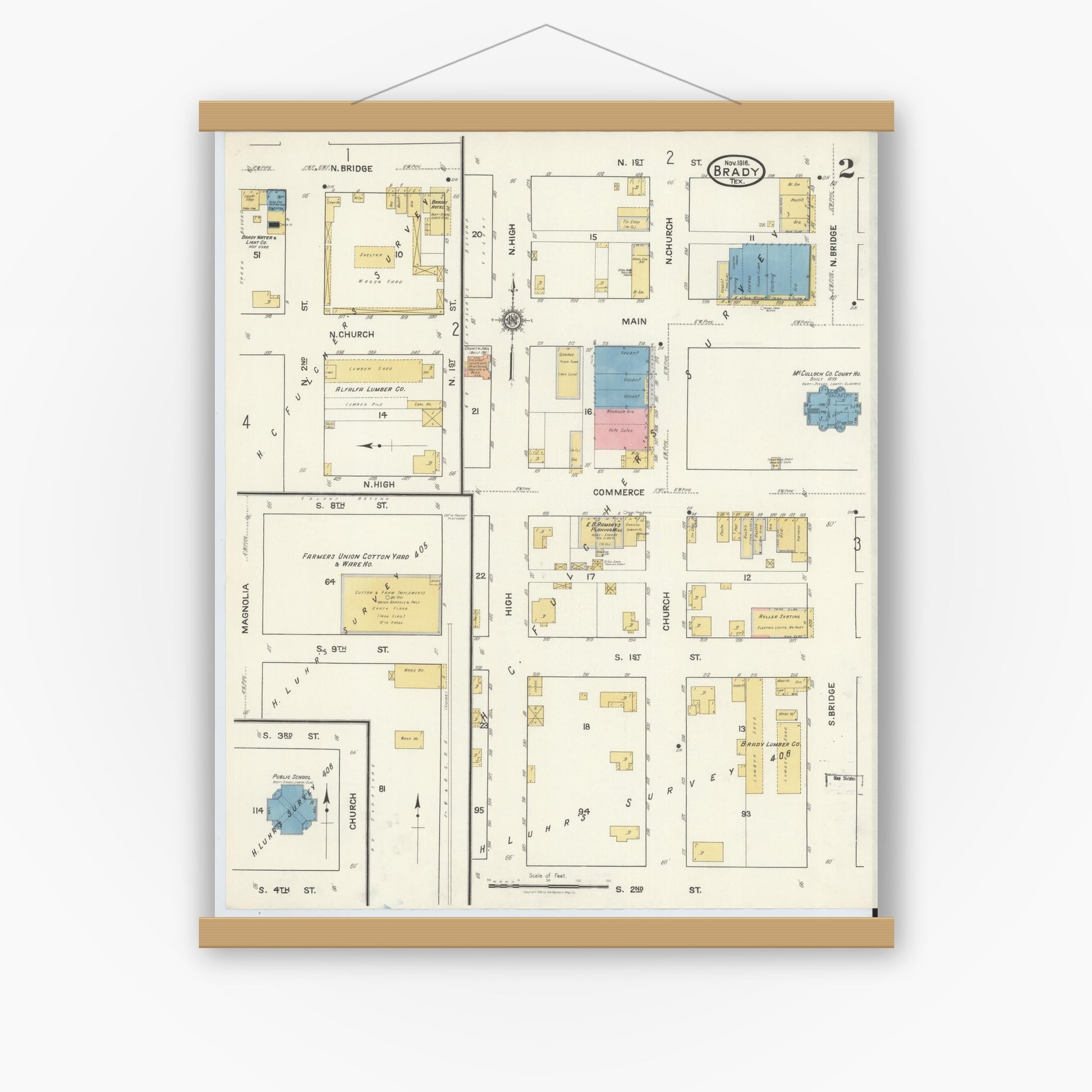 Old map wall art mockup — magnetic wood frame on white wall — Sanborn Fire Insurance Map from Brady, McCulloch County, Texas (1916), Sheet #0002
