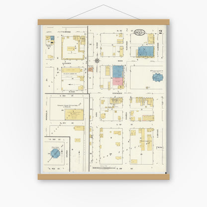 Old map wall art mockup — magnetic wood frame on white wall — Sanborn Fire Insurance Map from Brady, McCulloch County, Texas (1916), Sheet #0002