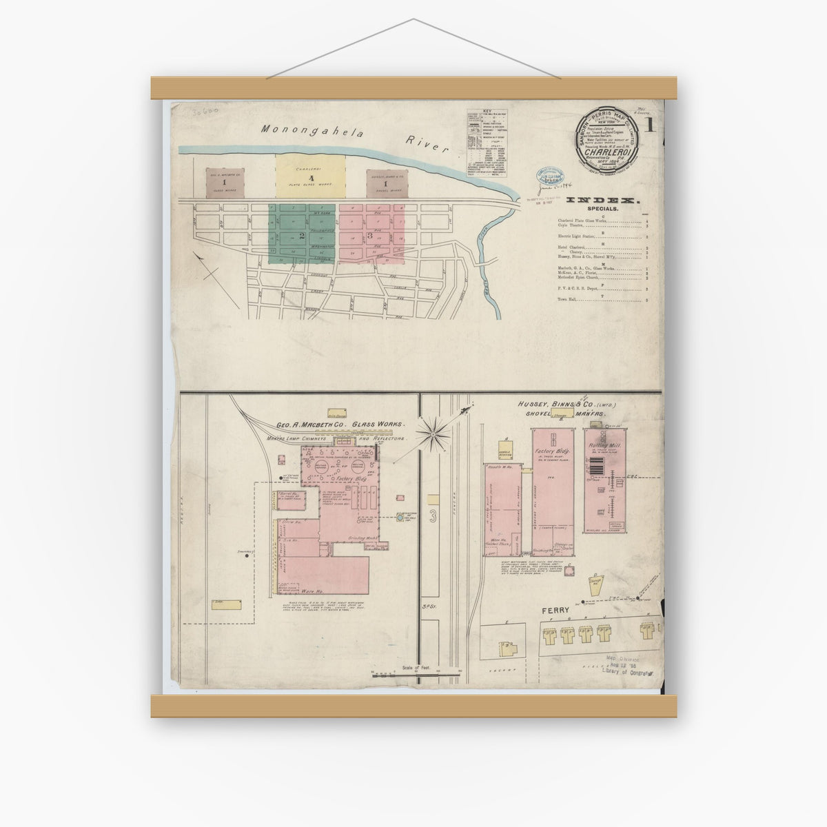 Old map wall art mockup — magnetic wood frame on white wall — Sanborn Fire Insurance Map from Charleroi, Washington County, Pennsylvania (1894) - Complete Map Set