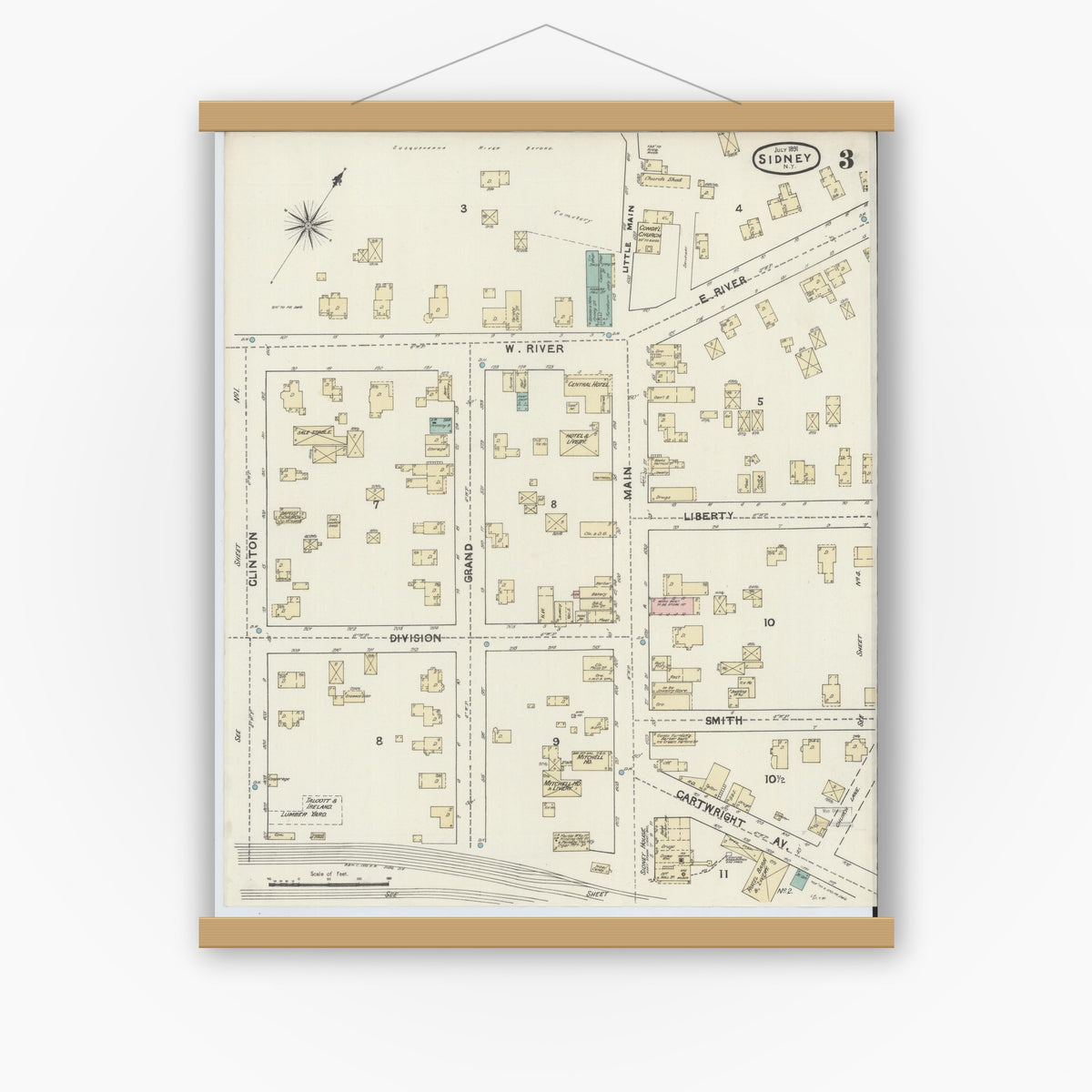 Old map wall art mockup — magnetic wood frame on white wall — Sanborn Fire Insurance Map from Sidney, Delaware County, New York (1891), Sheet #0003
