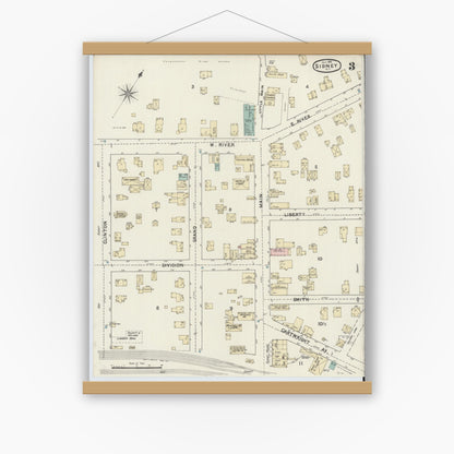 Old map wall art mockup — magnetic wood frame on white wall — Sanborn Fire Insurance Map from Sidney, Delaware County, New York (1891), Sheet #0003