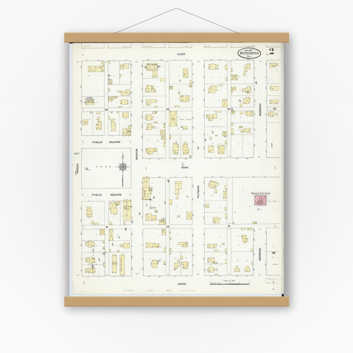 Old map wall art mockup — magnetic wood frame on white wall — Sanborn Fire Insurance Map from Meredosia, Morgan County, Illinois (1910), Sheet #0002
