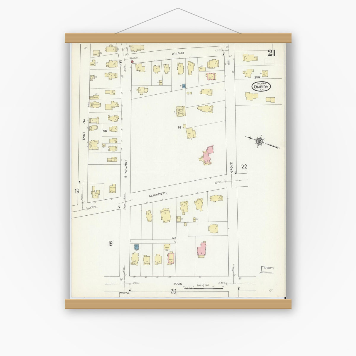 Old map wall art mockup — magnetic wood frame on white wall — Sanborn Fire Insurance Map from Oneida, Madison County, New York (1914), Sheet #0021