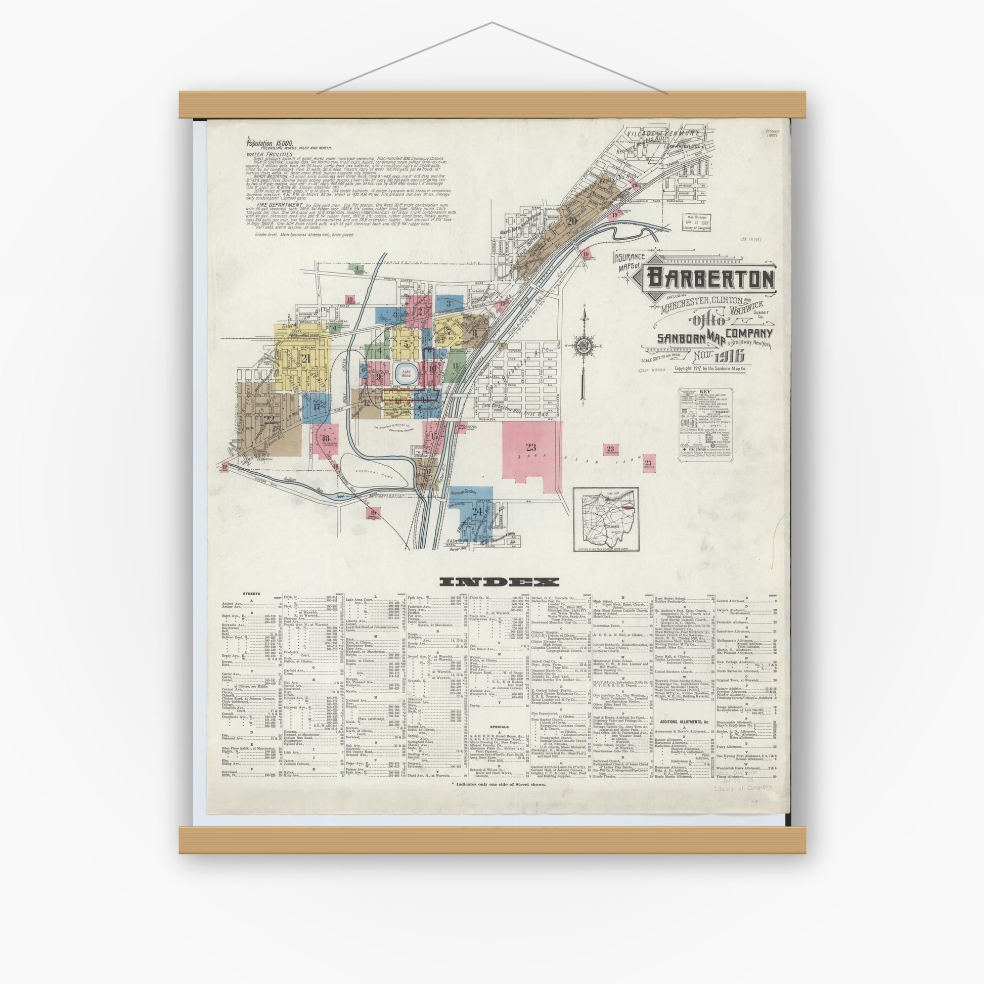 Old map wall art mockup — magnetic wood frame on white wall — Sanborn Fire Insurance Map from Barberton, Summit County, Ohio (1916), Sheet #0001