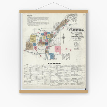 Old map wall art mockup — magnetic wood frame on white wall — Sanborn Fire Insurance Map from Barberton, Summit County, Ohio (1916), Sheet #0001