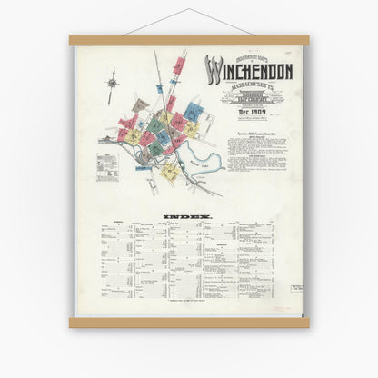 Old map wall art mockup — magnetic wood frame on white wall — Sanborn Fire Insurance Map from Winchendon, Worcester County, Massachusetts (1909) - Complete Map Set