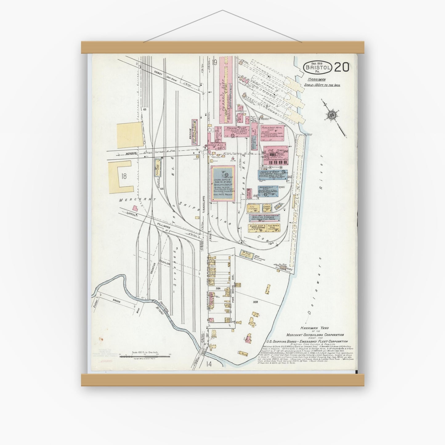 Old map wall art mockup — magnetic wood frame on white wall — Sanborn Fire Insurance Map from Bristol, Bucks County, Pennsylvania (1927), Sheet #0020