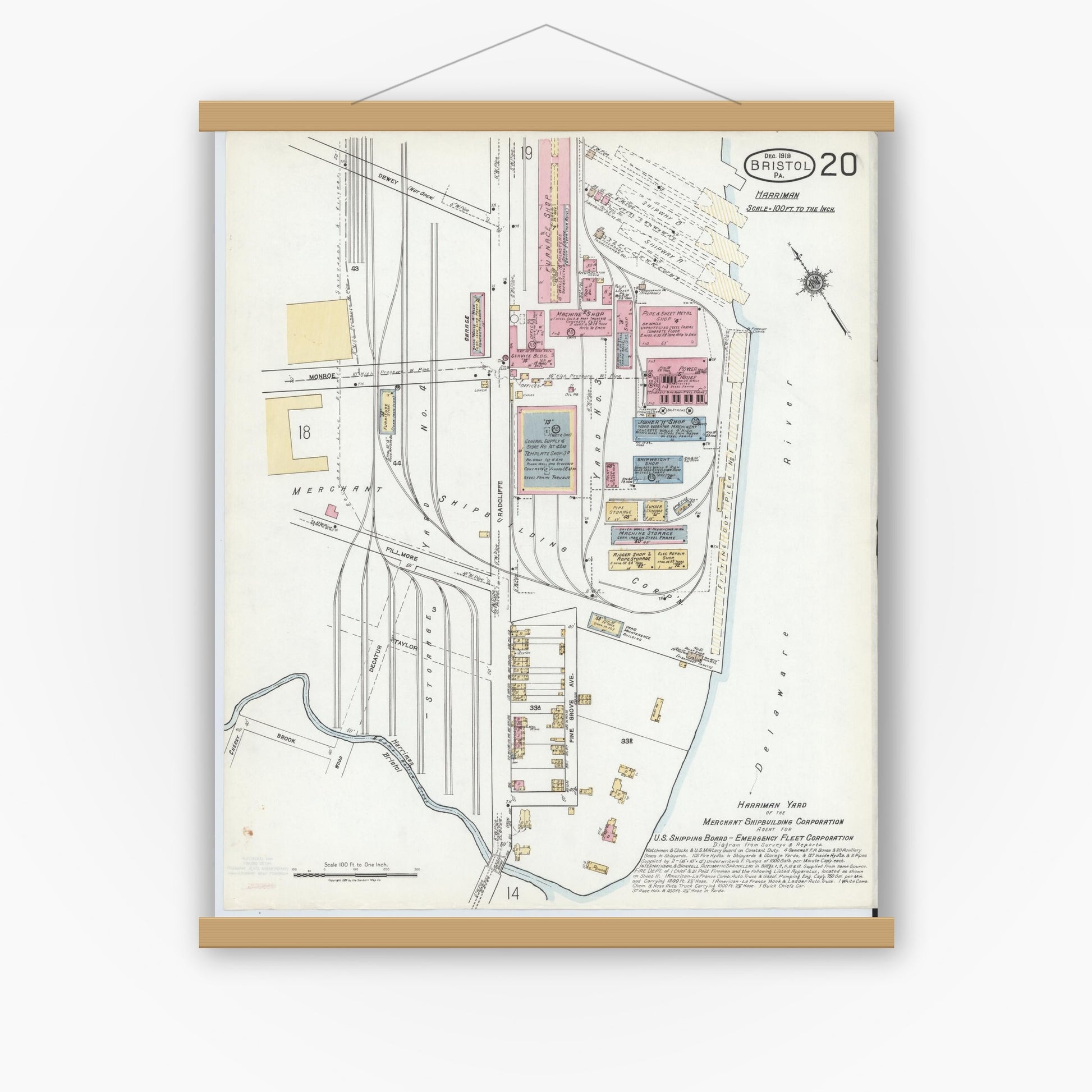 Old map wall art mockup — magnetic wood frame on white wall — Sanborn Fire Insurance Map from Bristol, Bucks County, Pennsylvania (1927), Sheet #0020