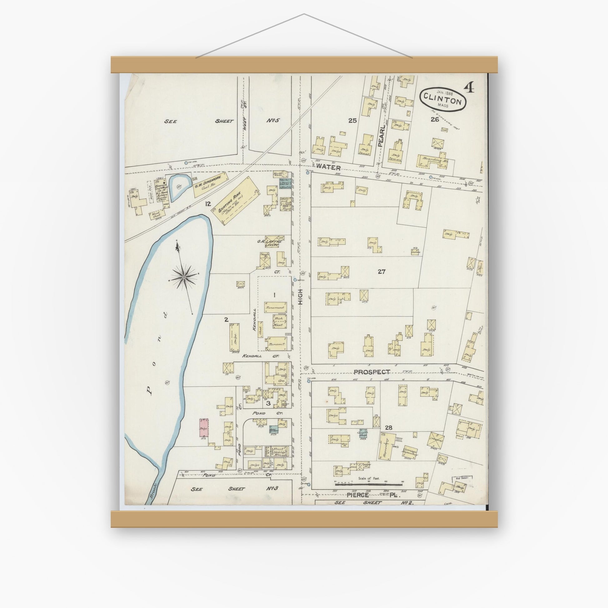 Old map wall art mockup — magnetic wood frame on white wall — Sanborn Fire Insurance Map from Clinton, Worcester County, Massachusetts (1888), Sheet #0004