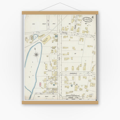 Old map wall art mockup — magnetic wood frame on white wall — Sanborn Fire Insurance Map from Clinton, Worcester County, Massachusetts (1888), Sheet #0004