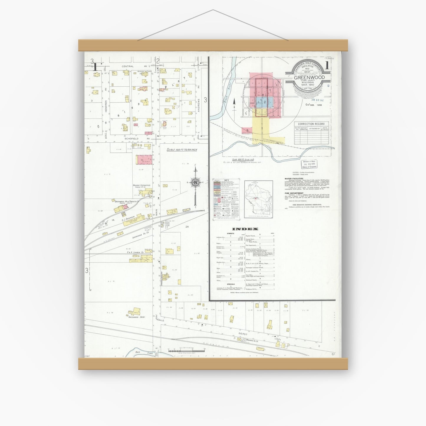 Old map wall art mockup — magnetic wood frame on white wall — Sanborn Fire Insurance Map from Greenwood, Clark County, Wisconsin (1940), Sheet #0001