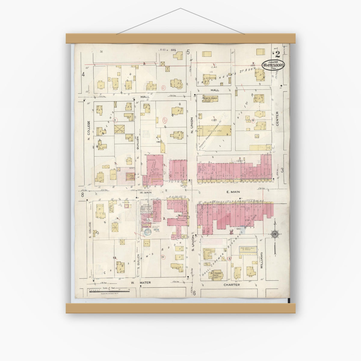 Old map wall art mockup — magnetic wood frame on white wall — Sanborn Fire Insurance Map from Whitesboro, Grayson County, Texas (1943), Sheet #0002