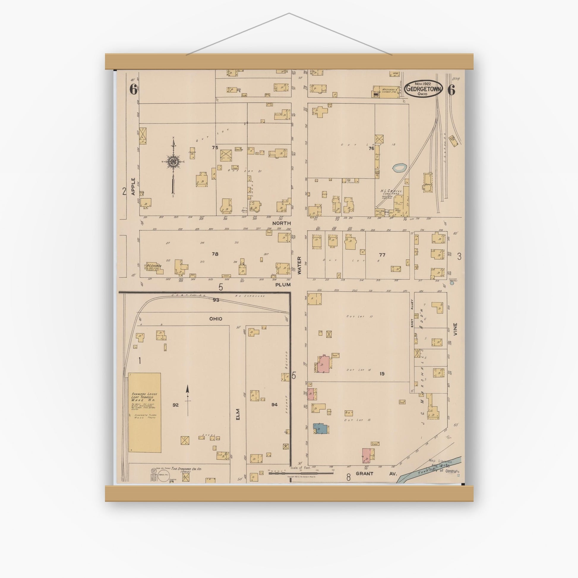 Old map wall art mockup — magnetic wood frame on white wall — Sanborn Fire Insurance Map from Georgetown, Brown County, Ohio (1922), Sheet #0006