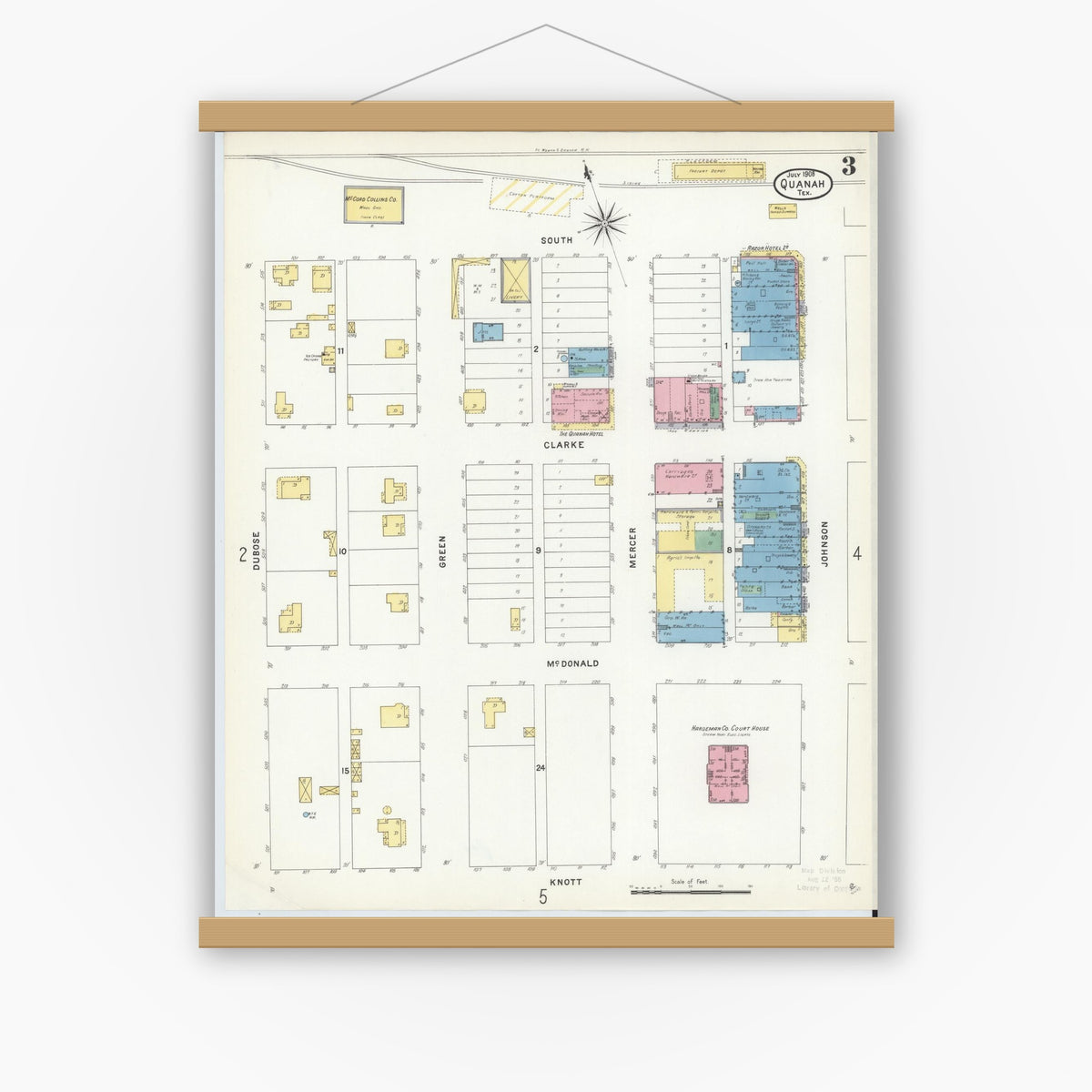 Old map wall art mockup — magnetic wood frame on white wall — Sanborn Fire Insurance Map from Quanah, Hardeman County, Texas (1908), Sheet #0003