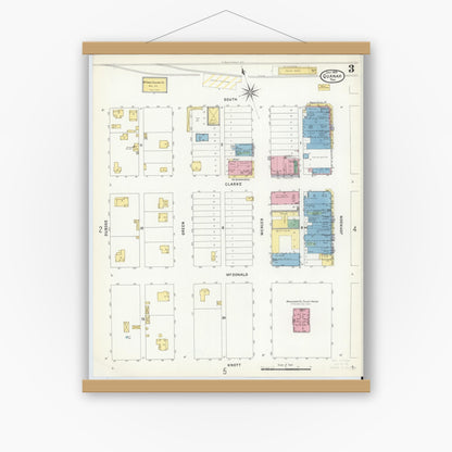 Old map wall art mockup — magnetic wood frame on white wall — Sanborn Fire Insurance Map from Quanah, Hardeman County, Texas (1908), Sheet #0003